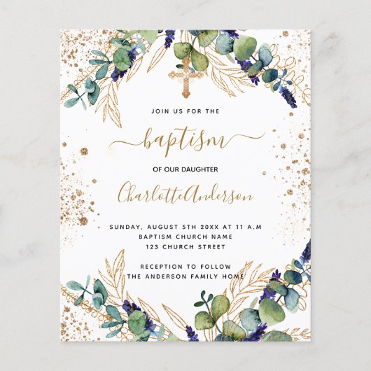 Baptism eucalyptus greenery Gold budget uitnodigin Flyer (Voorkant)
