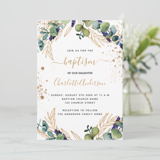 Baptism eucalyptus greenery Gold script Kaart (Staand voorkant)