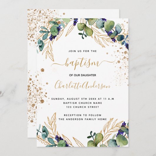 Baptism eucalyptus greenery Gold script Kaart (Voorkant / Achterkant)