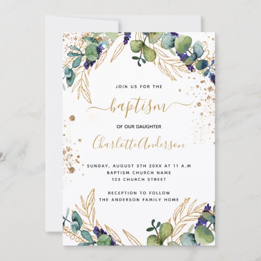 Baptism eucalyptus greenery Gold script Kaart (Voorkant)