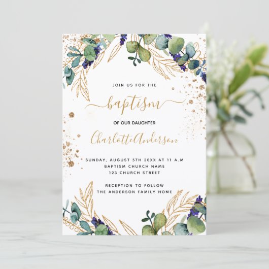 Baptism eucalyptus greenery Gold script Kaart (Staand voorkant)