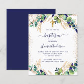 Baptism eucalyptus greenery navy blue-uitnodiging (Voorkant / Achterkant)