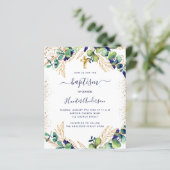 Baptism eucalyptus greenery navy blue-uitnodiging (Staand voorkant)