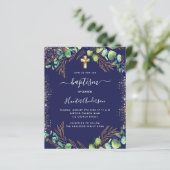 Baptism eucalyptus greenery navy blue-uitnodiging (Staand voorkant)