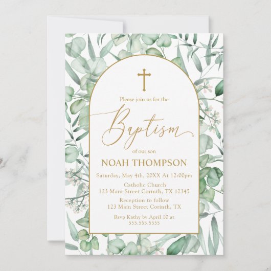 Baptism Eucalyptus leaves Invitation Kaart (Voorkant)