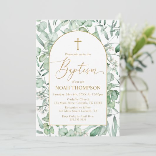 Baptism Eucalyptus leaves Invitation Kaart (Staand voorkant)