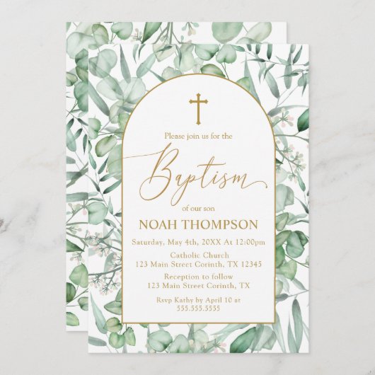 Baptism Eucalyptus leaves Invitation Kaart (Voorkant / Achterkant)