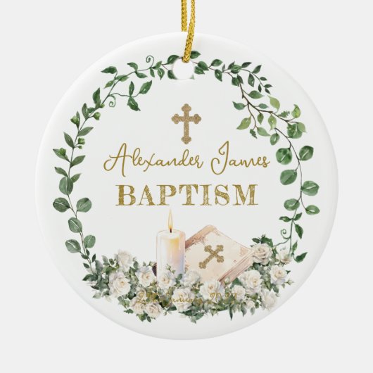 Baptism Eucalyptus Roses Cross Photo Keramisch Ornament (Voorkant)