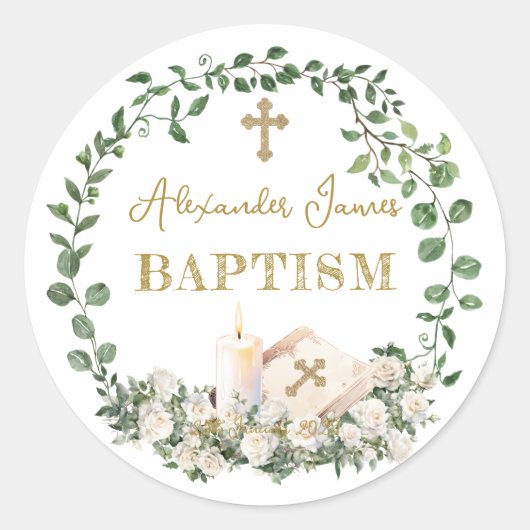 Baptism Eucalyptus Roses Cross  Ronde Sticker (Voorkant)