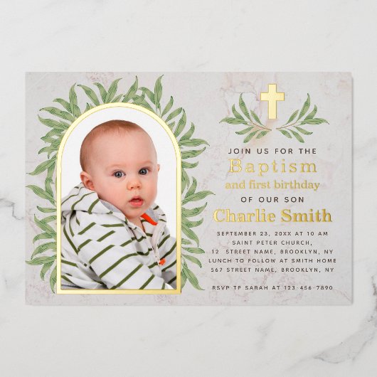 Baptism First Birthday Foto Greenery Gold Arch Folie Uitnodiging (Voorkant)