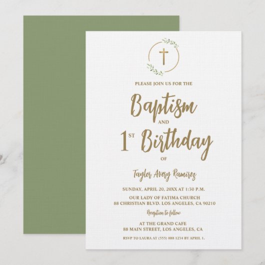 Baptism First Birthday Greenery wreath Gold cross Kaart (Voorkant / Achterkant)