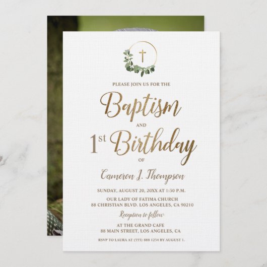 Baptism first Birthday Photo Wreath Gold Cross Kaart (Voorkant / Achterkant)