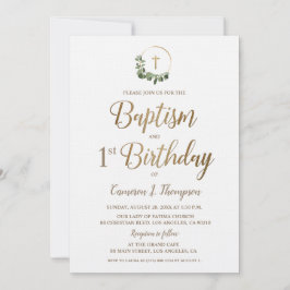 Baptism first Birthday Photo Wreath Gold Cross Kaart