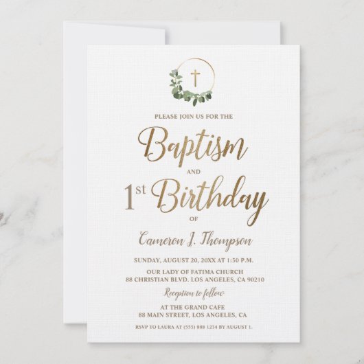 Baptism first Birthday Photo Wreath Gold Cross Kaart (Voorkant)
