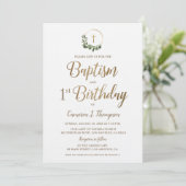 Baptism first Birthday Photo Wreath Gold Cross Kaart (Staand voorkant)