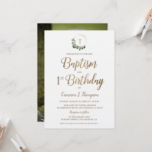 Baptism first Birthday Photo Wreath Gold Cross Kaart (Voorkant / Achterkant in situ)