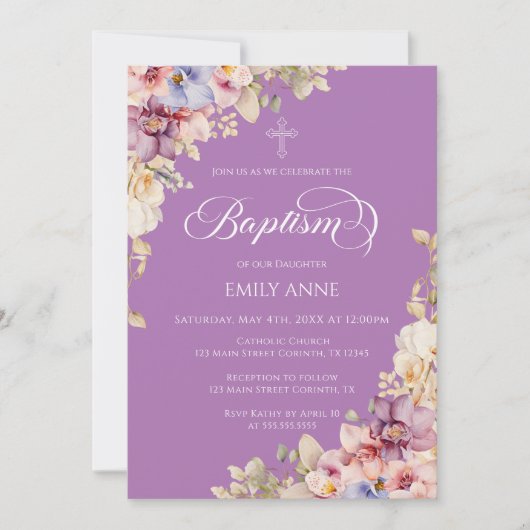 Baptism Floral Orchids purple Invitation Kaart (Voorkant)
