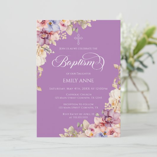 Baptism Floral Orchids purple Invitation Kaart (Staand voorkant)