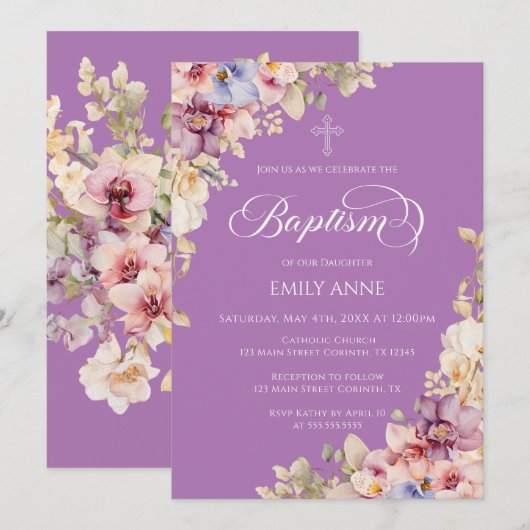 Baptism Floral Orchids purple Invitation Kaart (Voorkant / Achterkant)