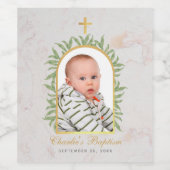Baptism Foto Arch Greenery Faux Gold Foil Marble Wijn Etiket (Enkel label)