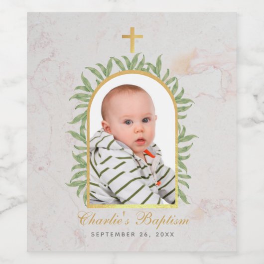 Baptism Foto Arch Greenery Faux Gold Foil Marble Wijn Etiket (Enkel label)
