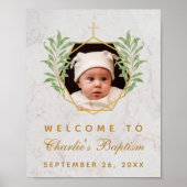 Baptism Foto Greenery Marble Gold Welcome Sign Poster (Voorkant)