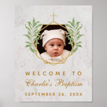 Baptism Foto Greenery Marble Gold Welcome Sign