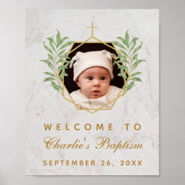 Baptism Foto Greenery Marble Gold Welcome Sign Poster