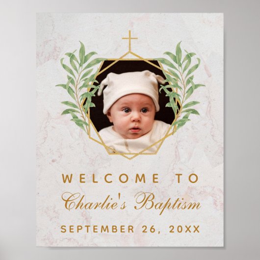 Baptism Foto Greenery Marble Gold Welcome Sign Poster (Voorkant)