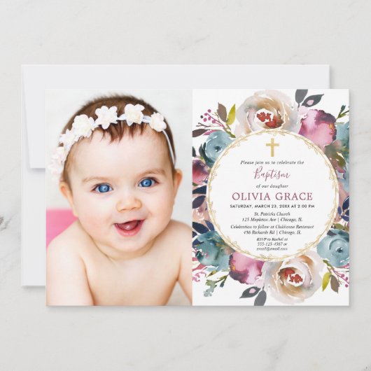 Baptism-fotouitnodiging marineblauw bogundy merlot kaart (Voorkant)