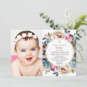 Baptism-fotouitnodiging marineblauw bogundy merlot kaart (Staand voorkant)