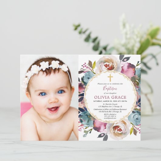 Baptism-fotouitnodiging marineblauw bogundy merlot kaart (Staand voorkant)