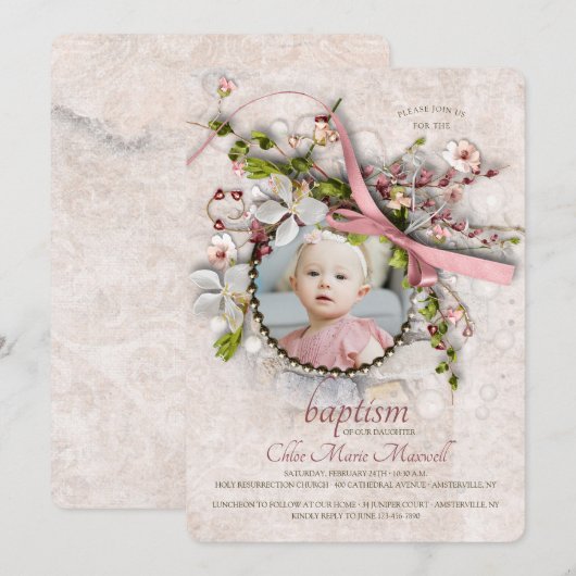 Baptism Fotouitnodiging voor meisjes Kaart (Voorkant / Achterkant)