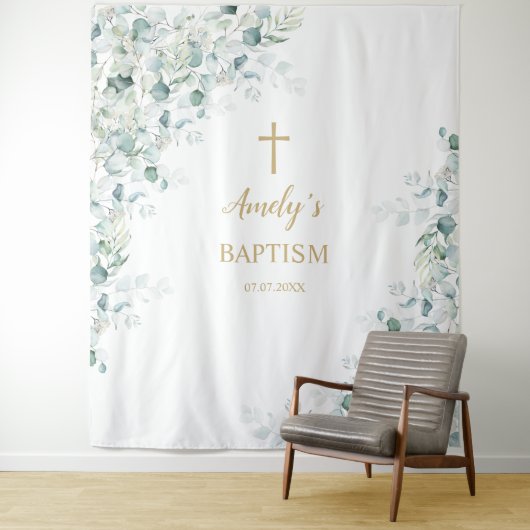 Baptism Girl Backdrop - Greenery Eucalyptus Wandkleed (In situ)