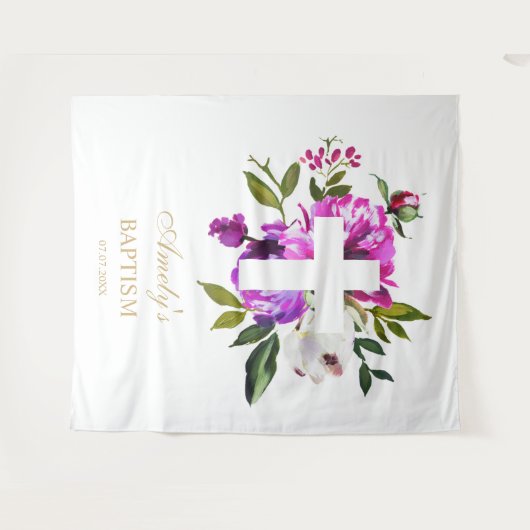 Baptism Girl Backdrop - Purple Flowers Cross Wandkleed (Voorkant (horizontaal))