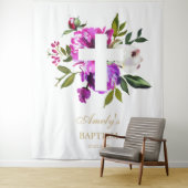 Baptism Girl Backdrop - Purple Flowers Cross Wandkleed (In situ)
