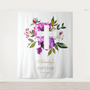 Baptism Girl Backdrop - Purple Flowers Cross Wandkleed