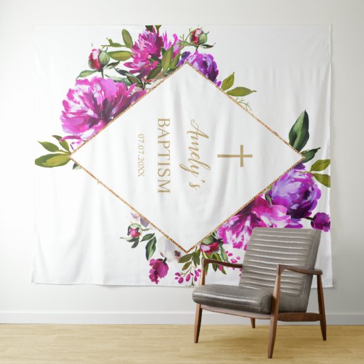 Baptism Girl Backdrop - Purple Flowers Wandkleed (In Situ (horizontaal))