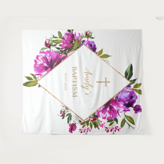 Baptism Girl Backdrop - Purple Flowers Wandkleed (Voorkant (horizontaal))