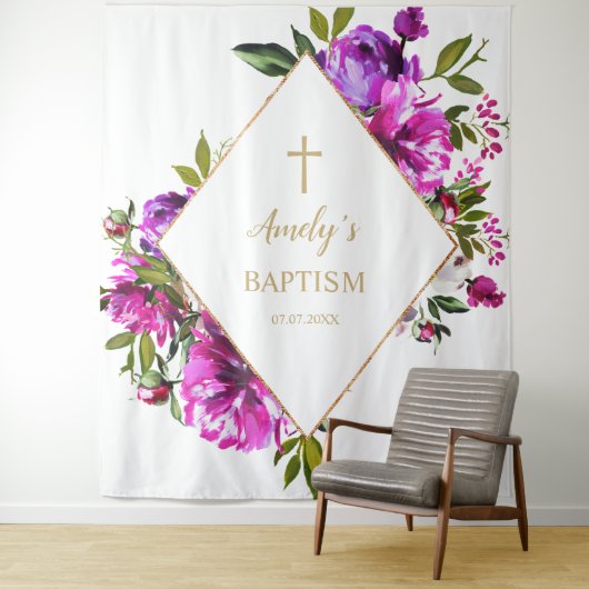 Baptism Girl Backdrop - Purple Flowers Wandkleed (In situ)
