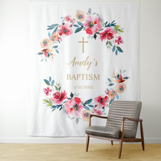 Baptism Girl Backdrop - Red Roses Wandkleed (In situ)