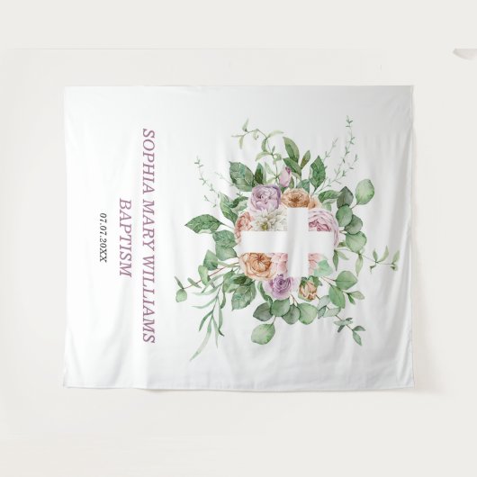 Baptism Girl Backdrop - Romantische bloemen & Krui Wandkleed (Voorkant (horizontaal))