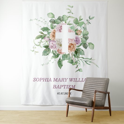 Baptism Girl Backdrop - Romantische bloemen & Krui Wandkleed (In situ)