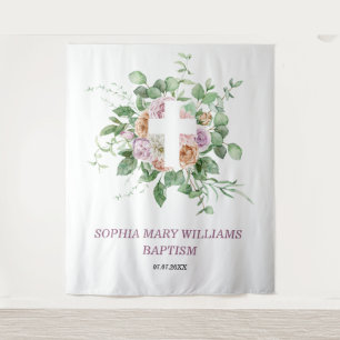Baptism Girl Backdrop - Romantische bloemen & Krui Wandkleed