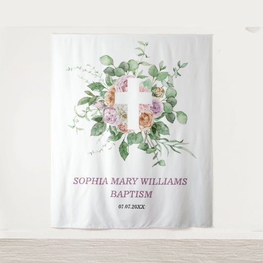 Baptism Girl Backdrop - Romantische bloemen & Krui Wandkleed (Voorkant)