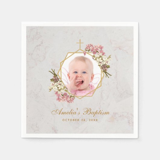Baptism Girl Foto Marble Pink Orchids Gold Floral Servet (Voorkant)