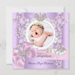 Baptism Girl Lila Pink White Photo Christening Kaart