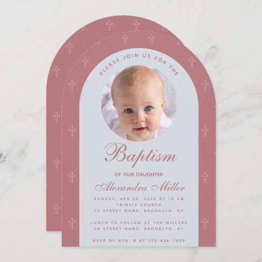 Baptism Girl Photo Moderne Arch Dusty Roos Script Kaart (Voorkant / Achterkant)