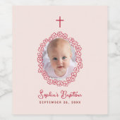 Baptism Girl Photo Pink and Red Floral Wreath Wijn Etiket (Enkel label)