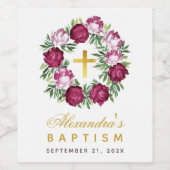 Baptism Girl Pink Burgundy Floral Wreator Faux Gol Wijn Etiket (Enkel label)